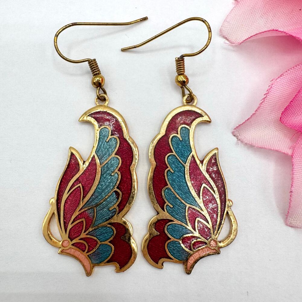 Vintage Cloisonné Butterfly Earrings Red Blue Gold Tone Cottagecore Garden